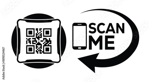 Black and white QR code with bold "SCAN ME" text, smartphone icon, and curved arrow—ideal for mobile interaction, digital marketing, and tech-themed promotional materials.