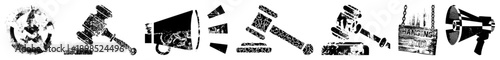 Distressed black and white of gavel, megaphone, and “HANGING JUDGMENT” sign, legal and protest symbols with gritty texture, vector cutout.