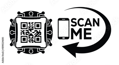 Black and white QR code with bold "SCAN ME" text, smartphone icon, and curved arrow—ideal for mobile interaction, digital marketing, and tech-themed promotional materials.