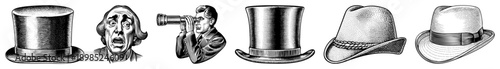 Classic headwear assortment including top hats, fedoras, and bowler styles, rendered in halftone engraving, vintage fashion, retro illustration.