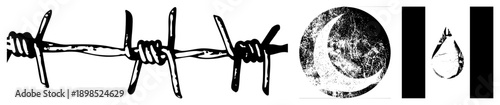 Barbed wire fence, moon emblem, water droplet vector symbols, security motif, symbolic, flat design elements.