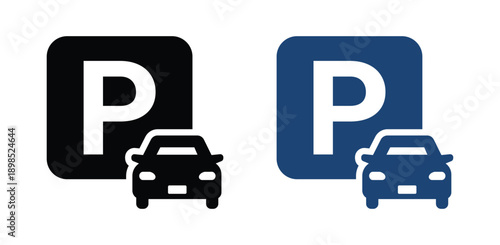 Parking Sign Icon Set with Car Symbol – Black and Blue Parking Symbols, Public Parking Illustration, Vector Style Transportation Signage.