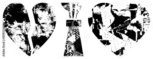 Three stylized heart shapes, two shattered halves and one whole, filled with distressed textures, graphic design, emotional symbolism, vector art.