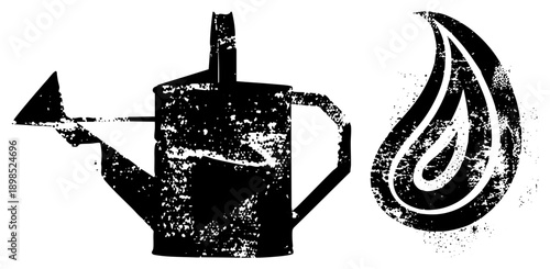 Rustic gardening tool with spout and handle, stylized water droplet symbol, vector graphic, distressed texture effect, garden.