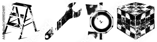Stylized ladder, wrench, bolt, and cube with distressed halftone, isolated vector, mechanical tools, industrial design elements.