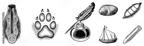 Classic writing tools and nature symbols rendered in halftone, inkwell with quill, acorn, sailboat, paw print, and stylized objects, vintage illustration style.