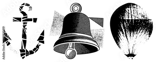 Classic maritime anchor, church bell, and hot air balloon rendered in halftone and fragmented styles, ideal for retro or travel themed designs.