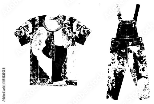 Vintage style t shirt and denim overalls with splattered ink effect, streetwear outfit, urban fashion, distressed print, graphic apparel, punk aesthetic, black and white vector design.