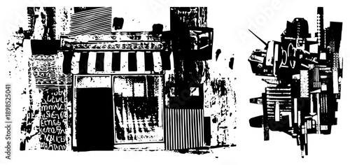 Black and white vector illustration of a stylized storefront with striped awning and graffiti covered walls, paired with abstract stacked buildings urban art, street design, graphic composition.