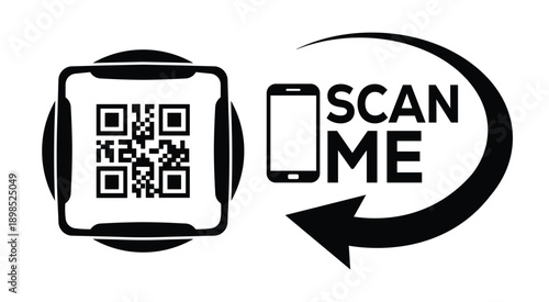 Black and white QR code with bold "SCAN ME" text, smartphone icon, and curved arrow—ideal for mobile interaction, digital marketing, and tech-themed promotional materials.