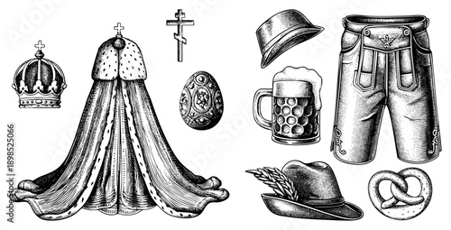 Orthodox bishop’s vestment with, ornate Easter egg, Russian Orthodox, Bavarian lederhosen, beer mug, pretzel, traditional hats hand drawn vector set.
