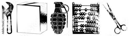 Wrench, box, grenade, abacus, scissors gritty vector, distressed textures,, symbolic items, industrial and educational tools.