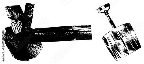 Rustic with textured wood handle and metal head, alongside a shovel with ribbed blade and D handle, rendered in high contrast vector art, ideal for graphic design or.