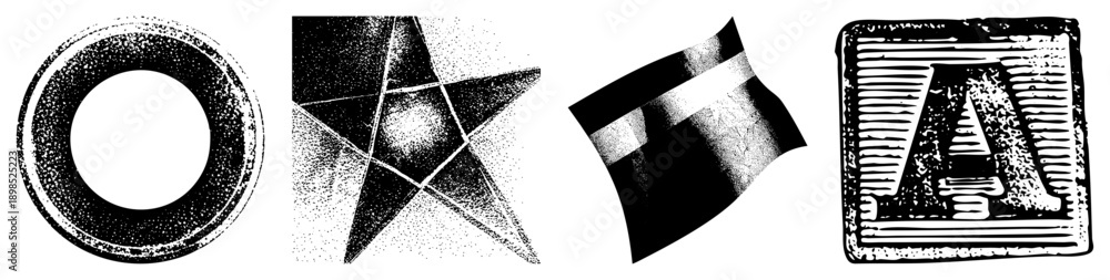 Fototapeta premium Black and white vector shapes with halftone texture, circular ring, star polygon, ribbon banner, letter A stamp, graphic design elements.