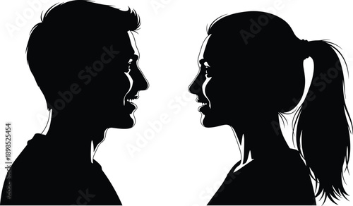 Male and female face to face silhouette profiles expressing conversation, connection and communication concept isolated on white background vector illustration minimal design artwork