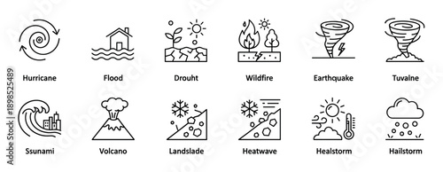 Natural disaster line icon collection featuring symbols for hurricane, flood, drought, wildfire, earthquake, tornado, tsunami, volcano, avalanche, heatwave, and hailstorm in a minimalist style
