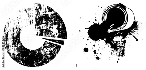 Distressed circular graphic with ink stains, paint can spilling black ink, gritty texture, abstract design, vector art, illustration.