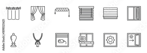 Set of black line icons showing various window treatments like curtains, blinds, and shades, along with accessories for installation, measurement, and home automation