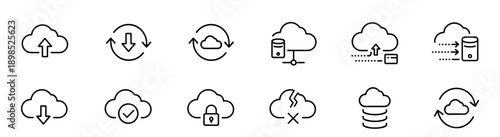 Cloud computing and data storage line icons set featuring symbols for upload, download, synchronization, security, server, and database connection in a minimalist black outline style