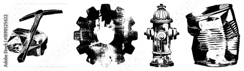 Black and white vector illustrations of mining tools, industrial gear, fire safety equipment, and crushed metal can. Retro halftone style, isolated foreground elements.