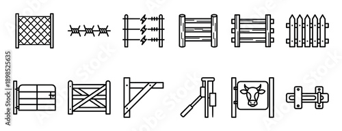 Set of black line art icons showing various types of farm fences, gates, and barriers, including barbed wire, electric fencing, wooden gates, and a cattle grid symbol