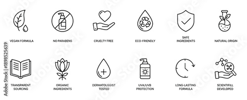 Set of black line art icons representing cosmetic product features like vegan, cruelty free, organic, and eco-friendly for packaging and marketing in a clean minimalist style