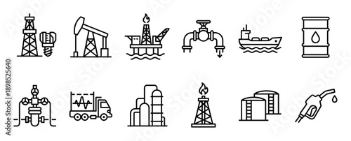 Set of black line icons representing the oil and gas industry, featuring a derrick, pumpjack, offshore platform, tanker, refinery, and fuel nozzle in a simple outline style