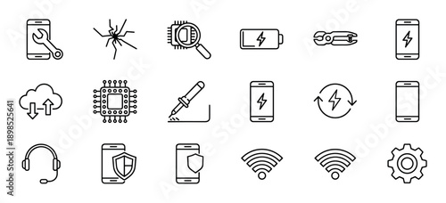Set of black line icons for smartphone repair and mobile service, including symbols for diagnostics, battery charging, screen replacement, security, and connectivity in a minimalist style