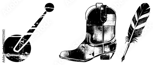Classic Americana symbols banjo with weathered texture, cowboy boot with, quill pen with feather, all in halftone style, isolated vector graphics for design use.