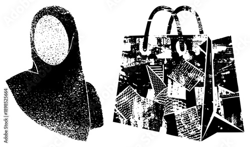 Black and white halftone graphic of woman wearing hijab beside shopping bag, stylized urban, fashion retail, isolated vector art.