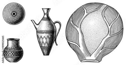 Hand drawn vintage including amphora, jar, and spherical vessel with intricate work, hatching, and stippling, ideal for archaeological or historical design projects.