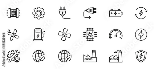 Set of black line icons representing energy, electricity, and power generation, with symbols for batteries, plugs, factories, and renewable sources in a minimalist outline style
