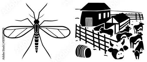 Stylized mosquito with segmented body and veined wings, farm scene with cows, barn, fence, and hay bale, flat silhouette design.