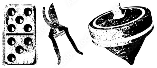 Classic tile, garden shears, spinning top toy, distressed black and white vector art, retro gaming, childhood nostalgia, vintage graphic.