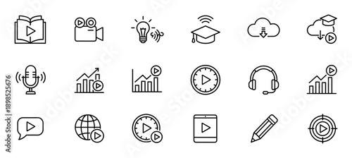 Collection of black line icons representing e-learning, online courses, and video streaming concepts, including symbols for webinars, tutorials, podcasts, and digital analytics