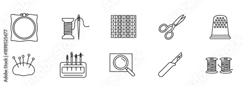 Set of ten black outline icons for sewing, embroidery, and cross-stitch, featuring essential tools like a hoop, needle, thread, scissors, thimble, and a pattern grid