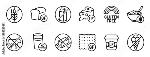 Food allergen icon set with gluten-free and dairy-free symbols in a simple black outline style for indicating dietary information on product labels and menus