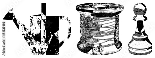 Black and white halftone illustrations of gardening can, sewing thread spool, and chess pawn, stylized vector graphics with textured shading and geometric forms.