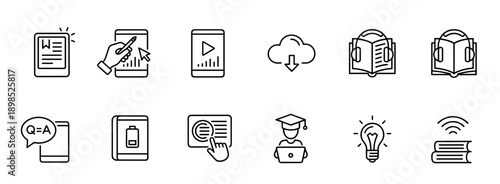 Set of black line icons for online education and e-learning, featuring minimalist pictograms for webinar, audiobook, digital library, student, and knowledge acquisition