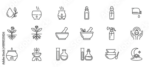 Set of thin line icons for aromatherapy and essential oils featuring a diffuser, mortar, pestle, plant, and dropper bottle for natural wellness and spa concepts