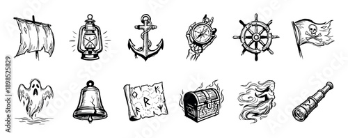 Hand-drawn set of nautical pirate symbols with a ghost, treasure map, ship's wheel, anchor, lantern, and skull flag, illustrated in a retro black ink line art style