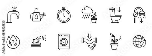 Collection of water saving and ecology icons in a simple black line art style, including symbols for sustainability, smart faucets, recycling, and efficient household appliances