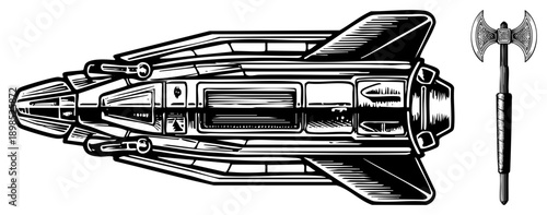 Sci fi spacecraft with detailed cockpit and wings, paired with double headed, vector art, black and white, isolated elements, meets tech theme.