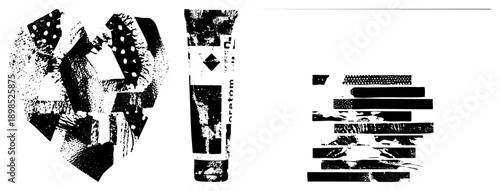 Fragmented black and white vector forms with halftone textures, graphic design elements, stylized shapes, bold contrast, digital art composition.