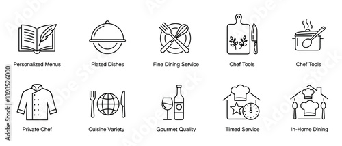Set of ten private chef service line icons representing gourmet quality, fine dining, and in-home culinary experiences in a clean, minimalist vector style for business concepts