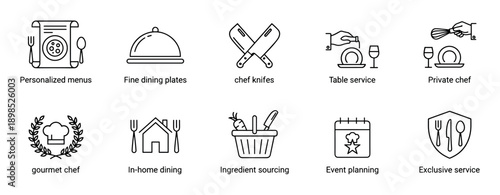 Set of ten black line icons for private chef services, including personalized menus, fine dining, and gourmet cooking for exclusive events, presented in a minimalist outline style