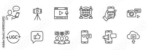 User generated content line icon set showing testimonials, reviews, social media, vlogging, and community feedback symbols for digital marketing