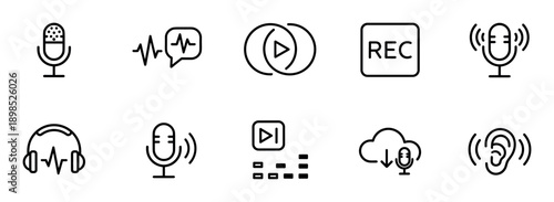 Set of black line icons for audio recording, podcasting, and sound editing, featuring minimalist symbols like a microphone, headphones, play button, voice message, and equalizer