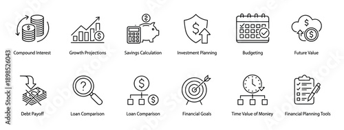 Set of twelve financial line icons representing concepts like investment planning, budgeting, savings calculation, and financial goals in a clean, minimalist outline style