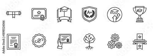 Set of black line art icons representing education, graduation, and academic achievement, including a diploma, certificate, trophy, and graduation cap for school or university concepts